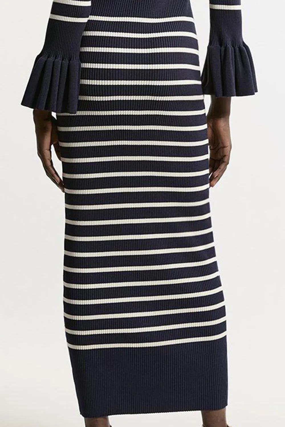 Trumpet Sleeve Rib Knit Midi Dress
