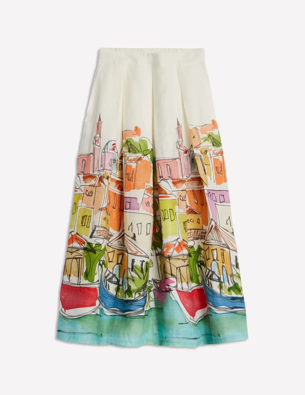 Multicolor Print Verity Linen Midi Skirt