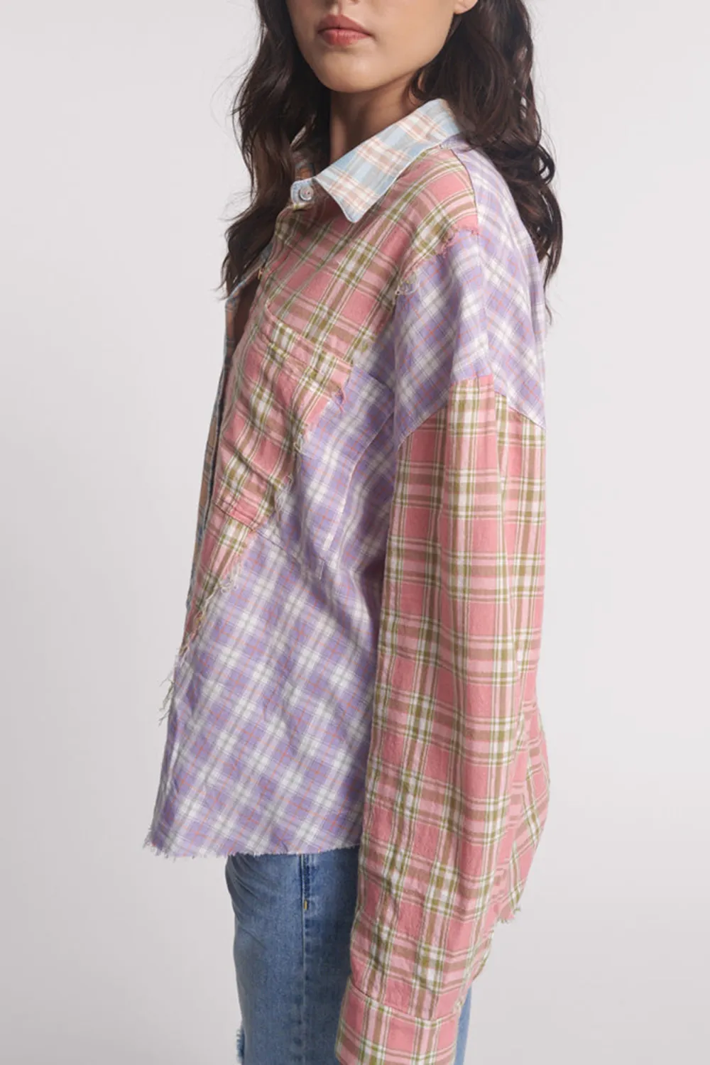 Personal Color Contrast Multi Check Long-Sleeved Shirt