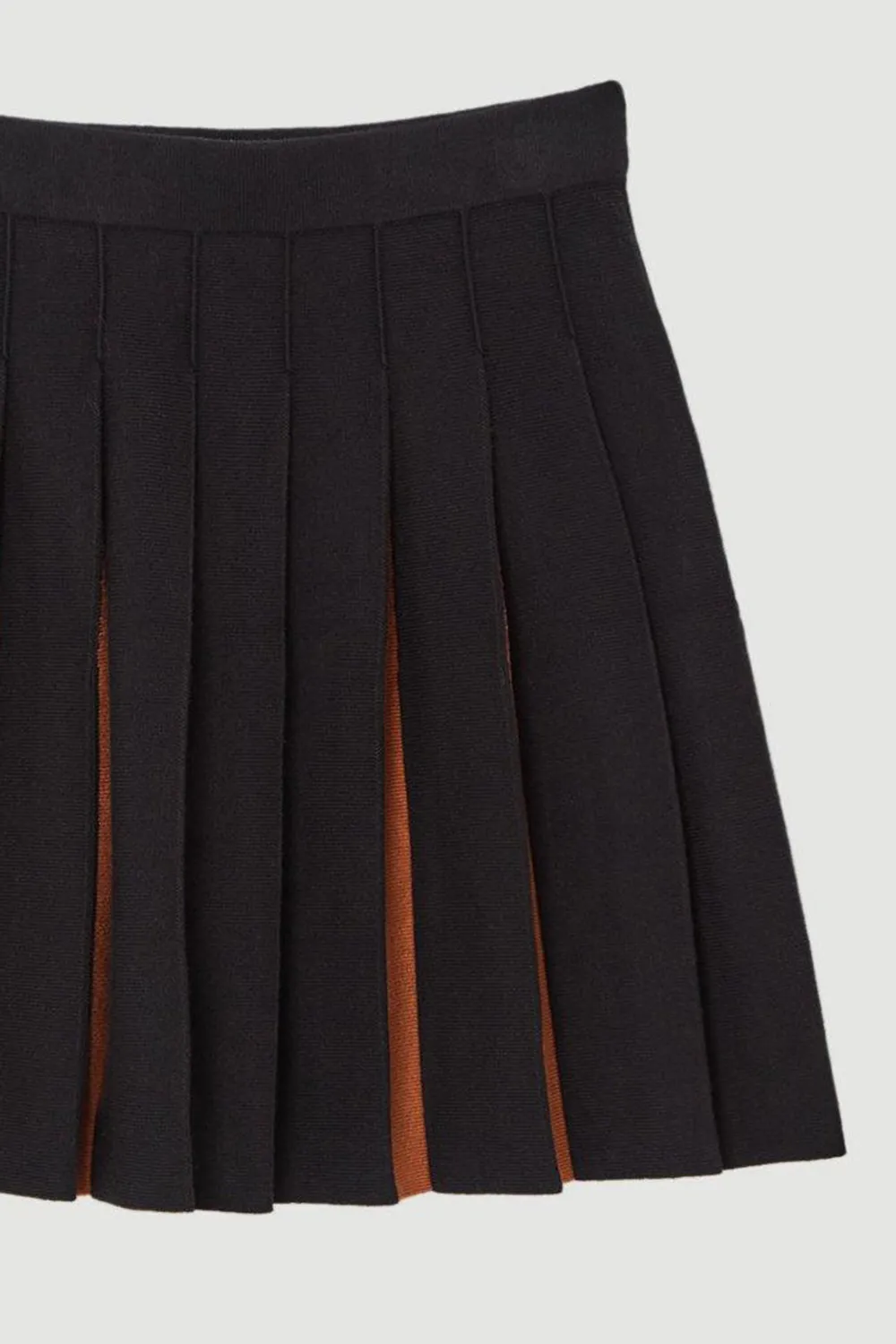Pleated Wool Look Contrast Knit Mini Skirt