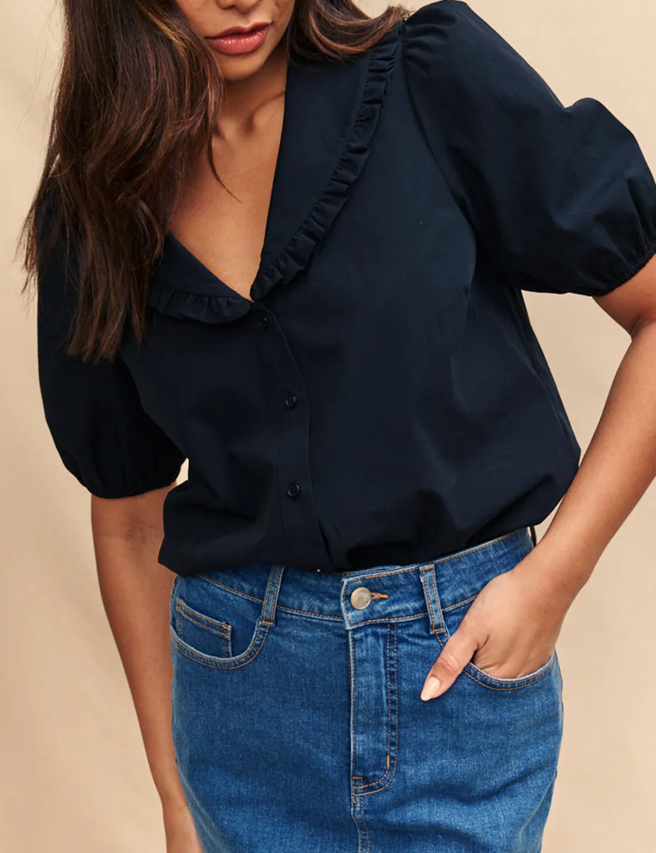 Black Collared Ruffled Blouse