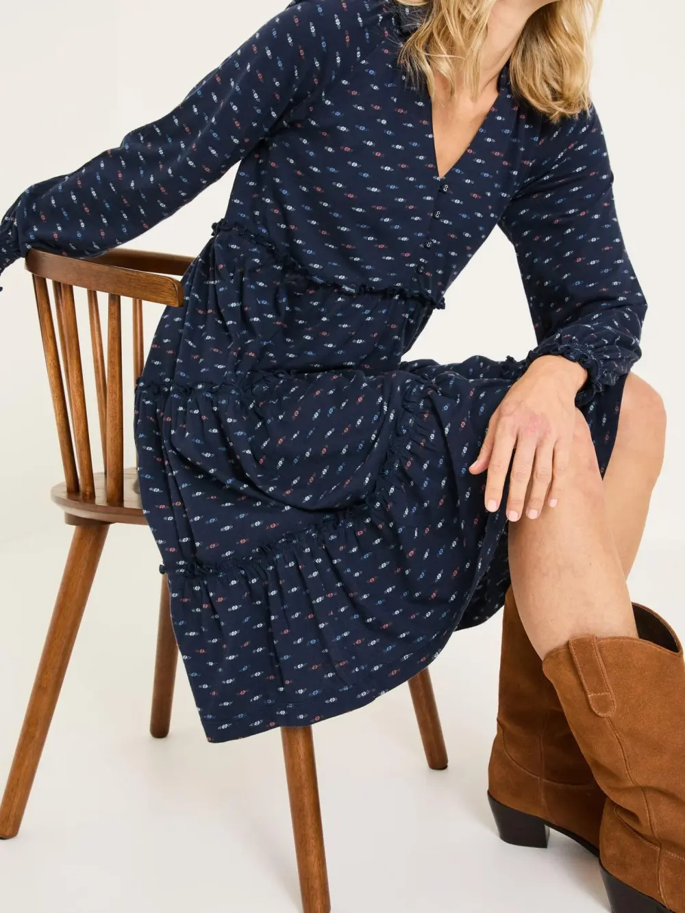 Pure Cotton Jersey Printed V-Neck Tiered Dress