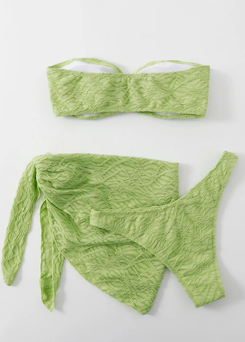 Swim Textured Bikini Set O-Ring Bandeau Bra Top & Bikini Bottom & Skirt 3 Piece Bathing Suit