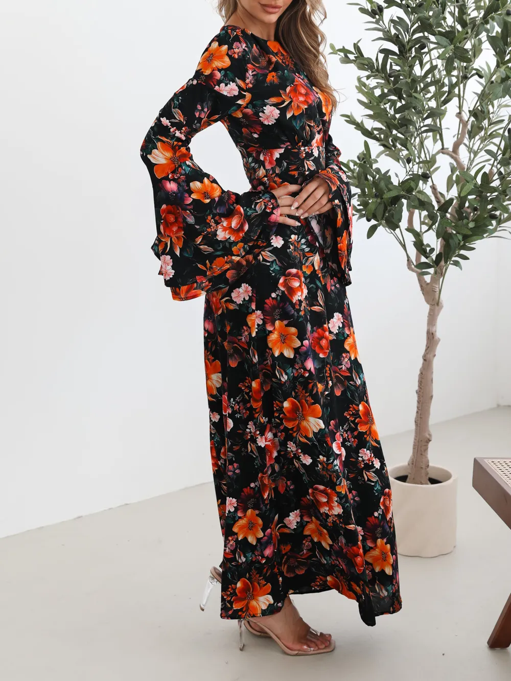 Black Straight Neckline Floral Dress