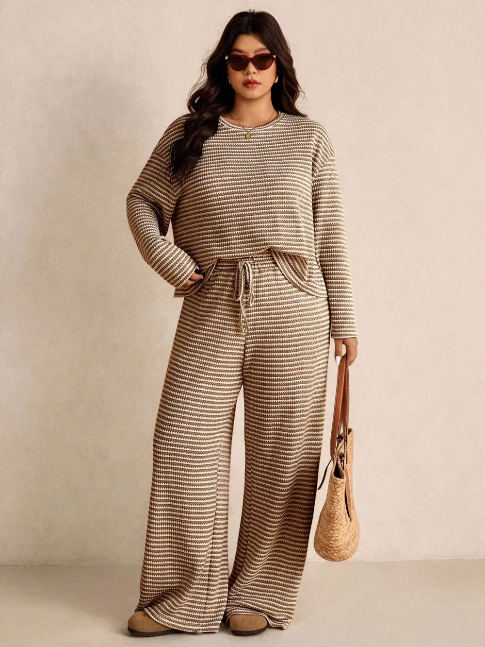 Women's Plus Size Loose Striped Long Sleeve 2pc Set