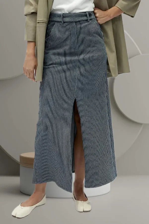 Classic Navy Stripe Slit Slimming Comfortable Skirt