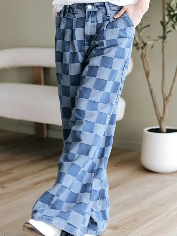 Plaid Denim Wide-Leg Jeans – Soft Material with High-Rise Comfortable Fit