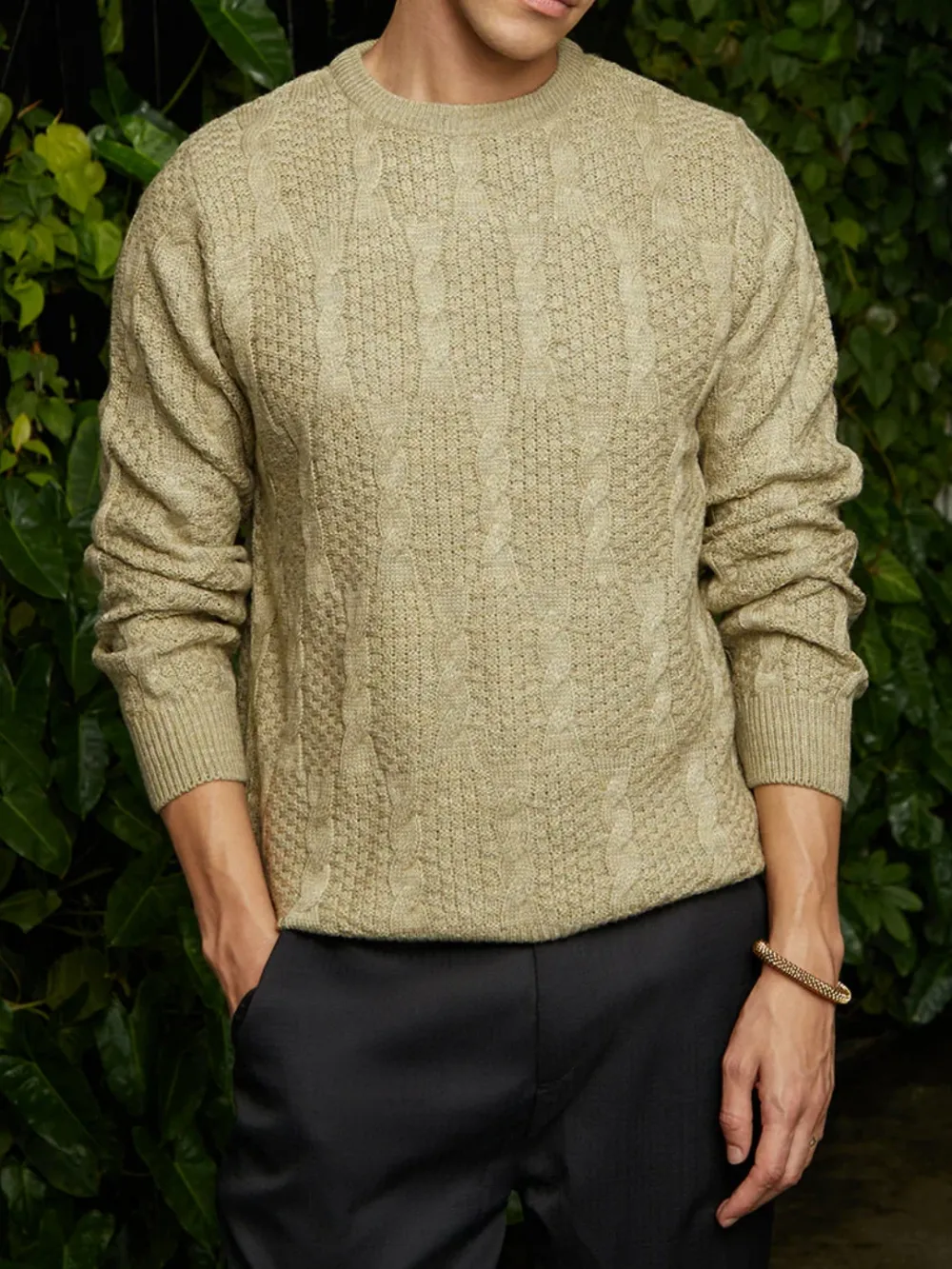 Beige Casual Style Knit Pullover Sweater