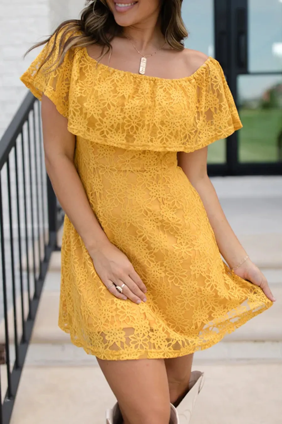 Off The Shoulder Lace Mini Dress