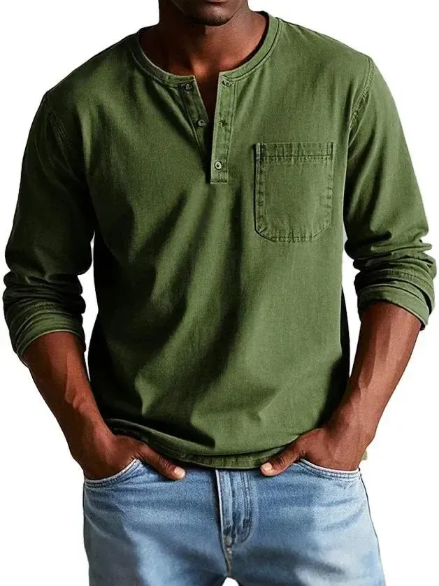 💫Clearance Sale🔥 - Men's Fashion Vintage Distressed Pocket Long Sleeve Henley Shirt