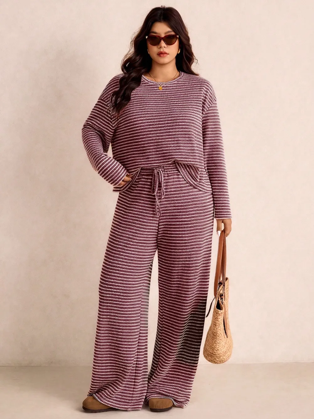 Women's Plus Size Loose Striped Long Sleeve 2pc Set