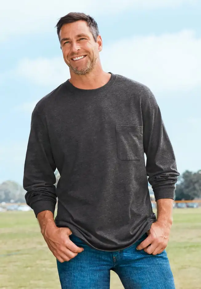 Shrink-Less™ Lightweight Long-Sleeve Crewneck Pocket T-Shirt
