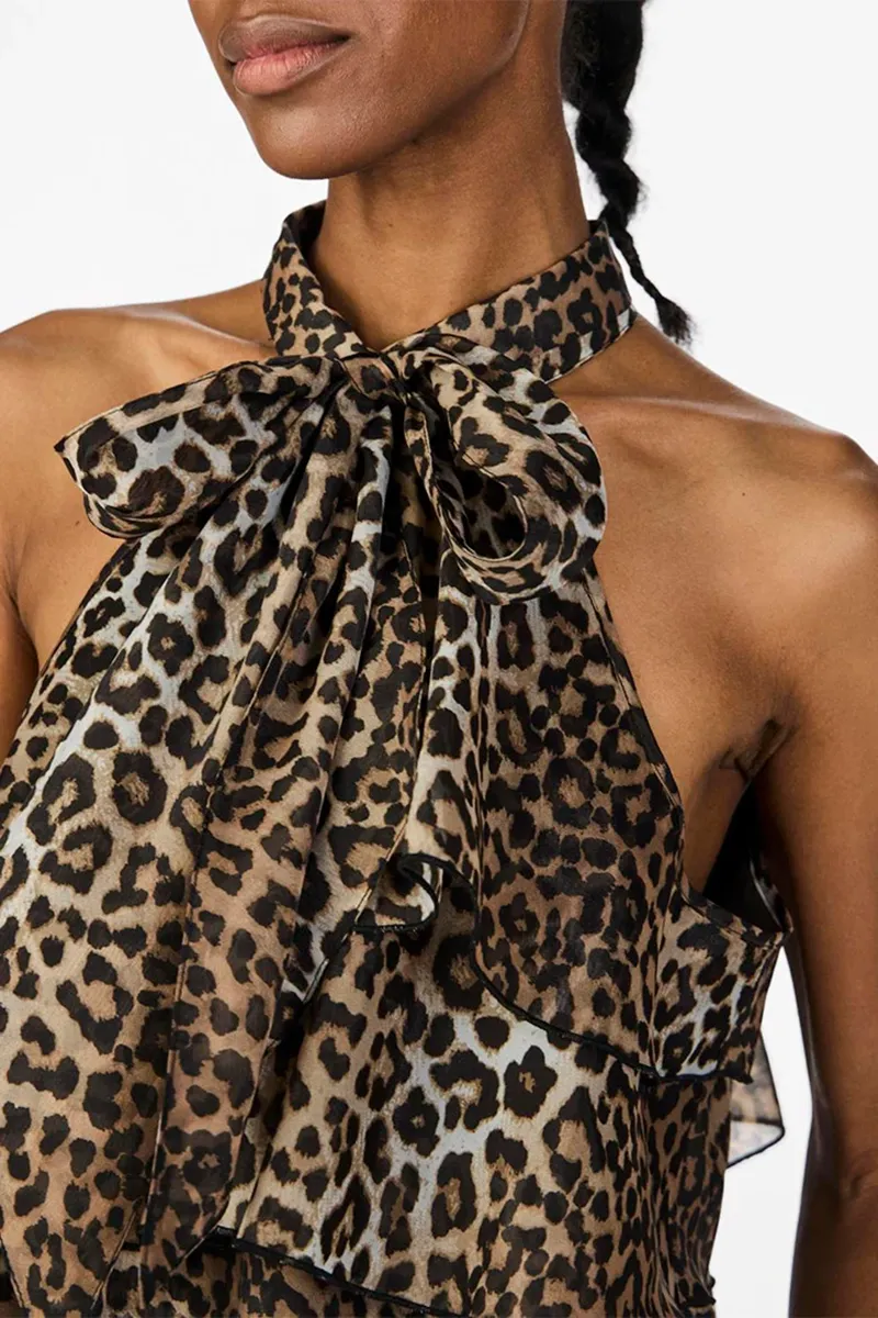 Leopard Tie Neck Tiered Halter Tops