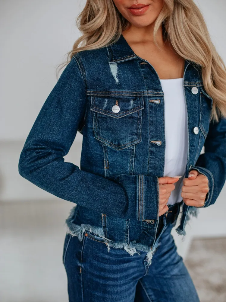 Distressing Button Up Cropped Jacket