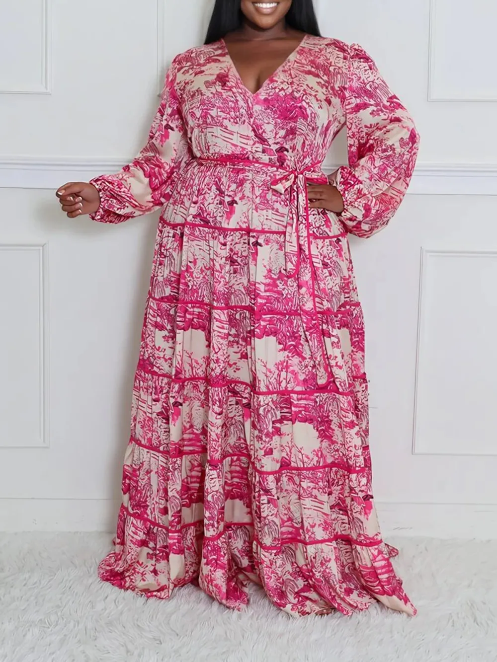 V-Neck Art Graphic Long Sleeve Dress