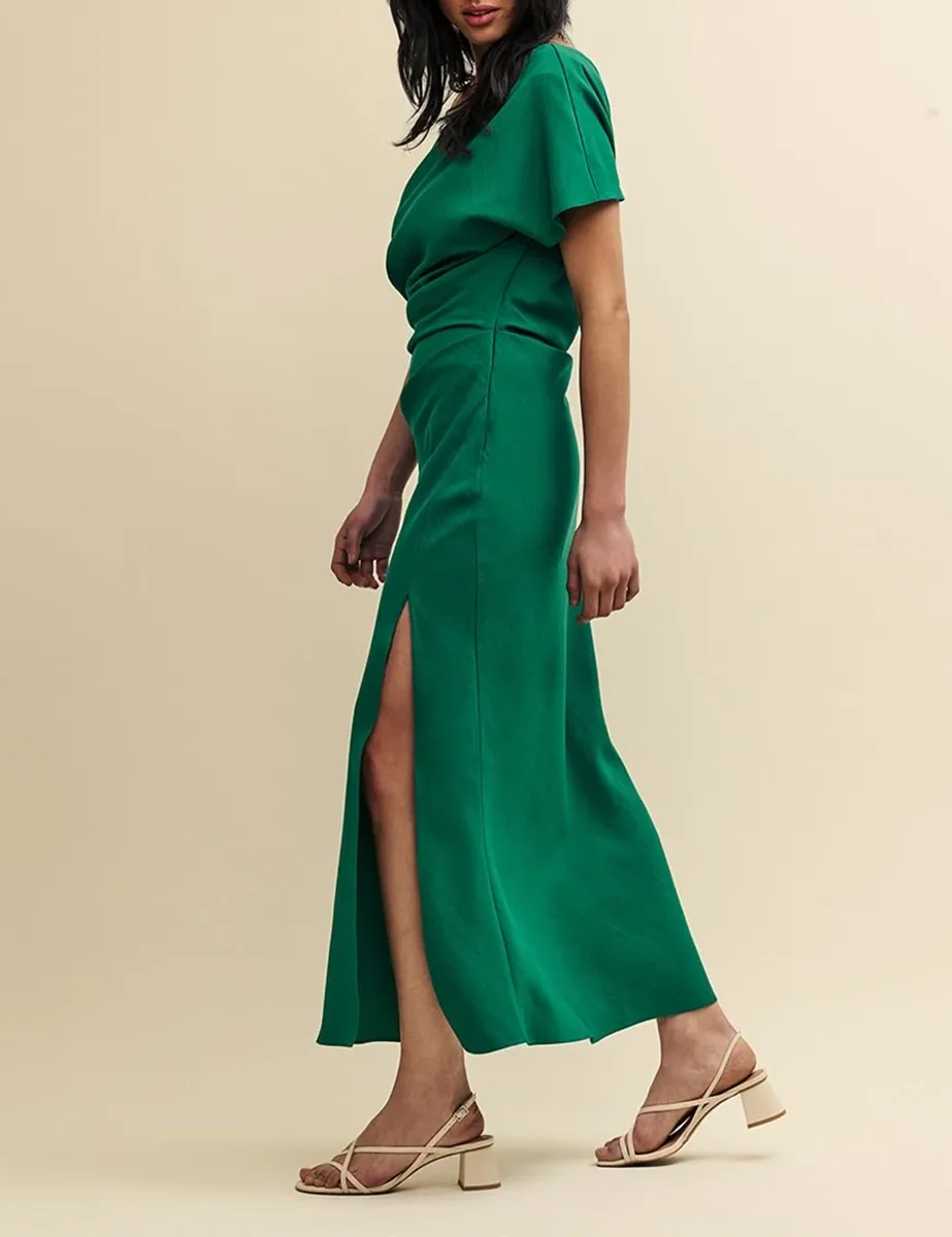 Green Satin Asymmetric Sleeve Maxi Dress