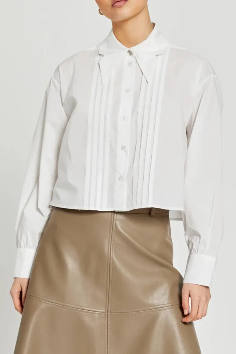 White Pleated Front Cropped Shirts