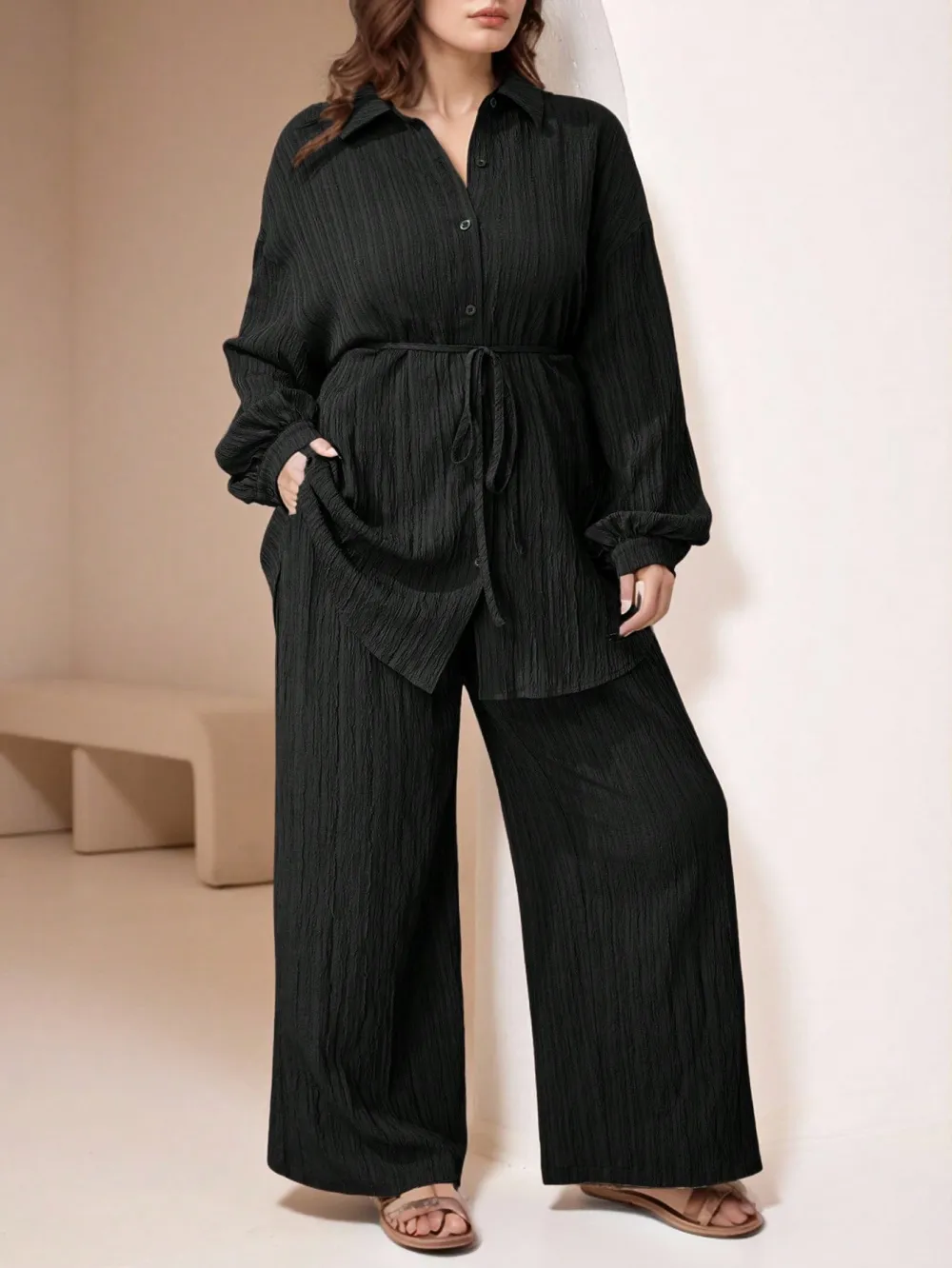 Women's Plus Size Plain Button-Up 2pc Set