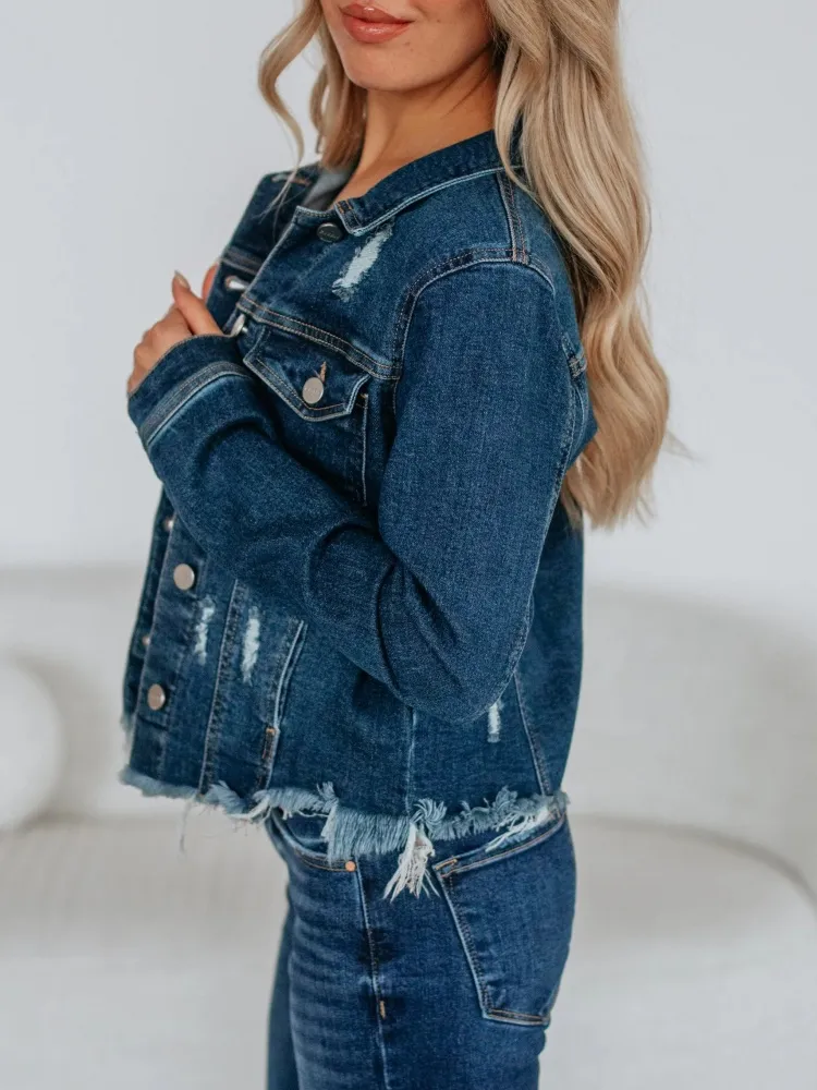 Distressing Button Up Cropped Jacket