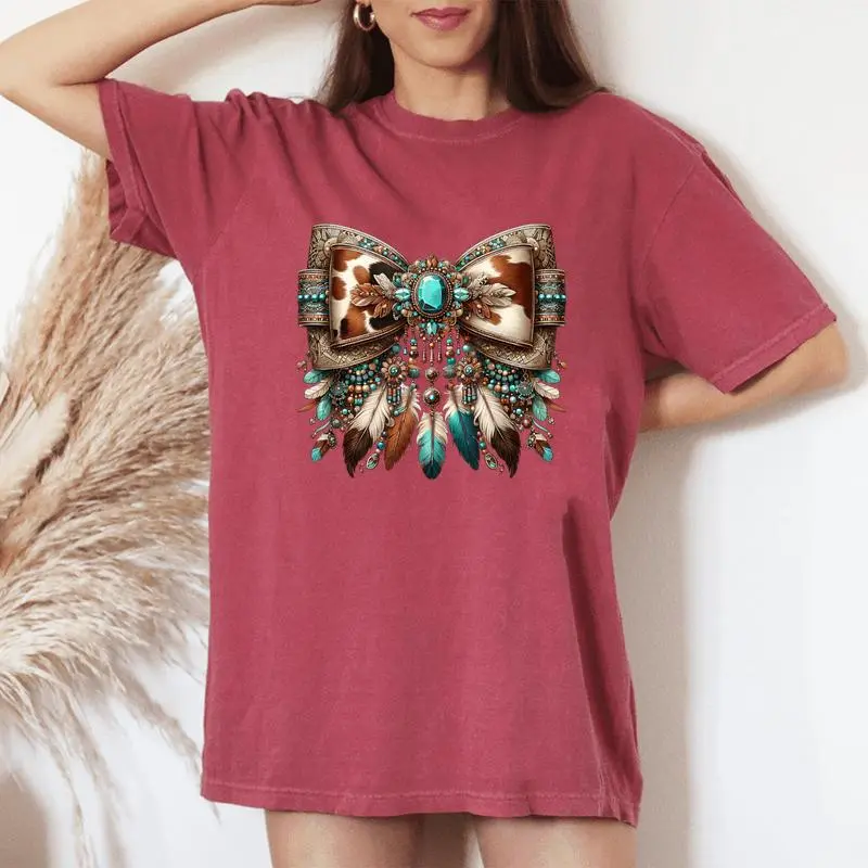 Western Girly Bow Cow Teal Turquoise Feathers Southwest Girl Women's Oversized Comfort T-Shirt