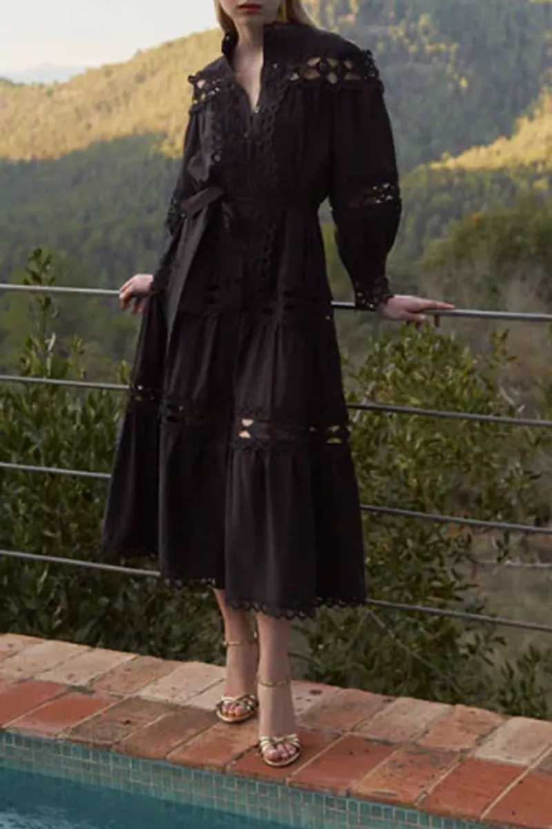 Lace Trimmed Long Sleeve Midi Dresses