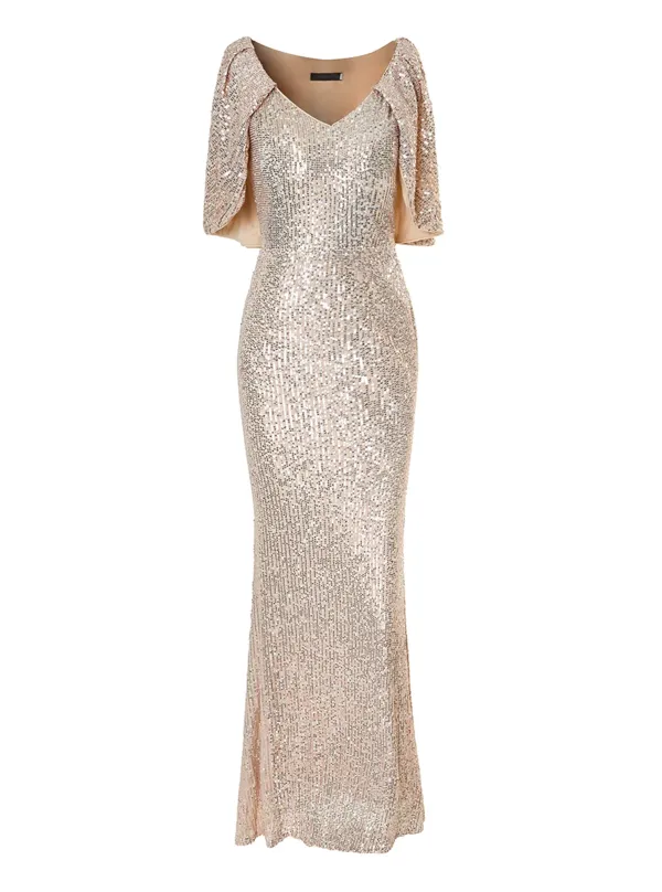 Back Puff Sleeve Sequin Evening Dress