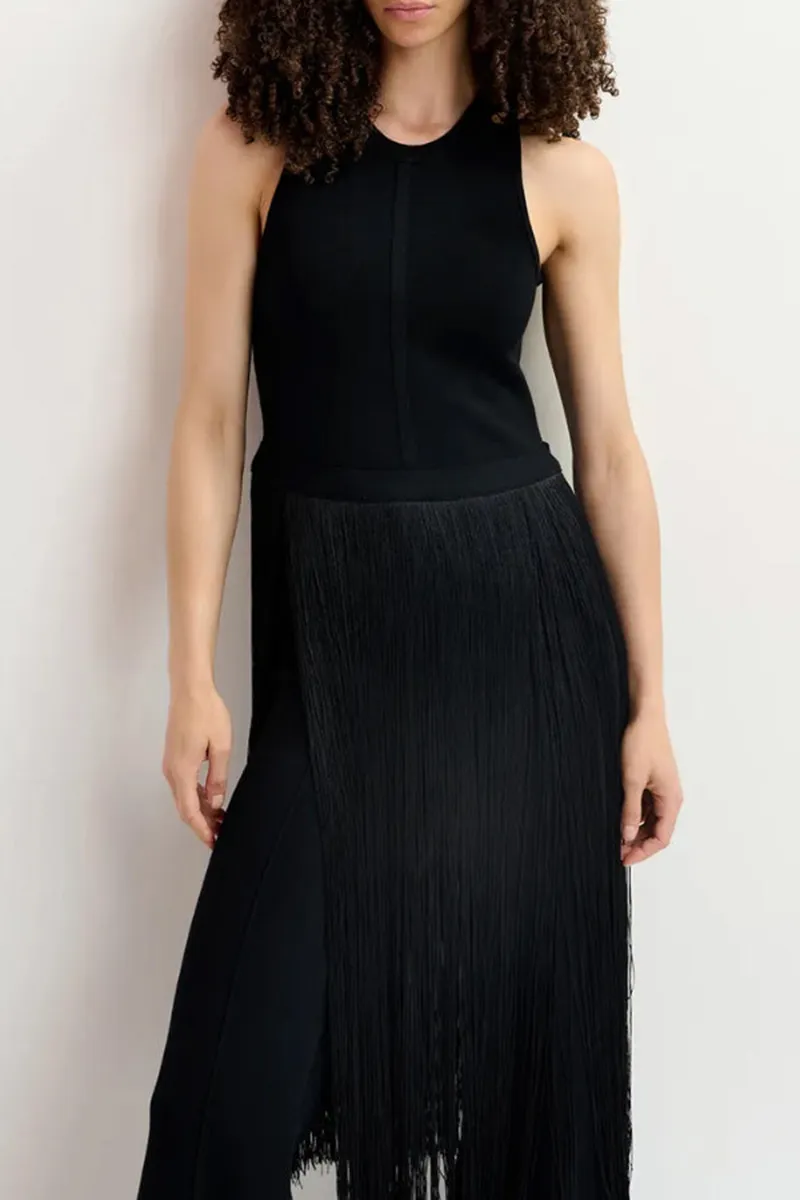 Black Sleeveless Fringe Hem Dresses