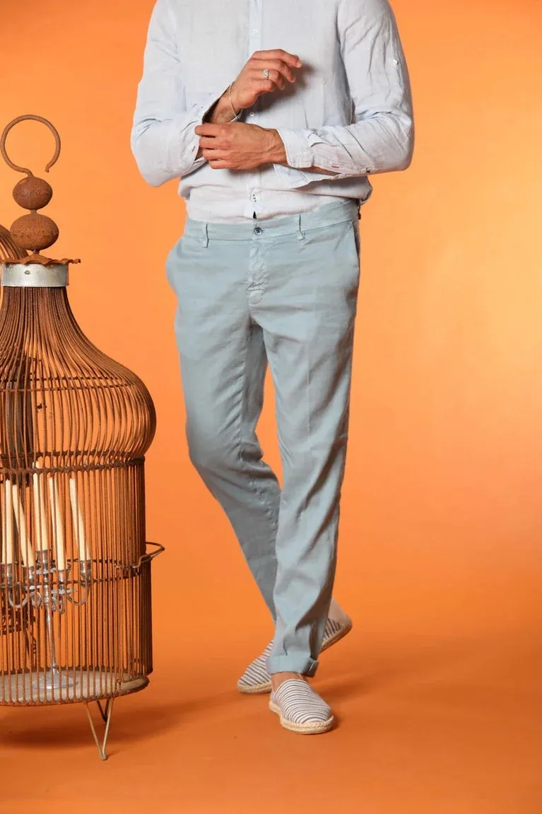 Men's Light Blue Cotton Casual Twill Regular Fit Trousers