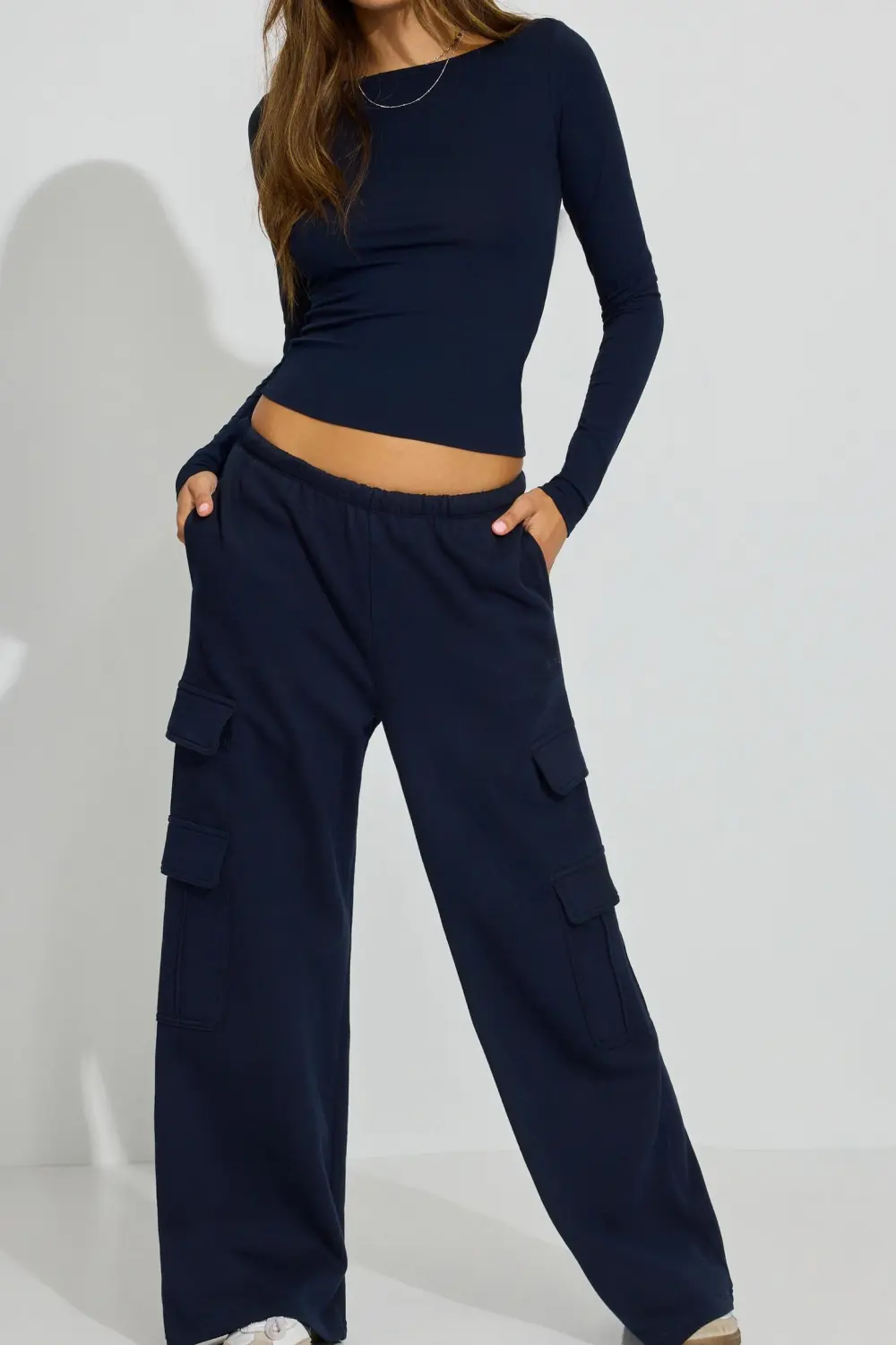 Navy Blue Long Sleeve Ruched Crop Top