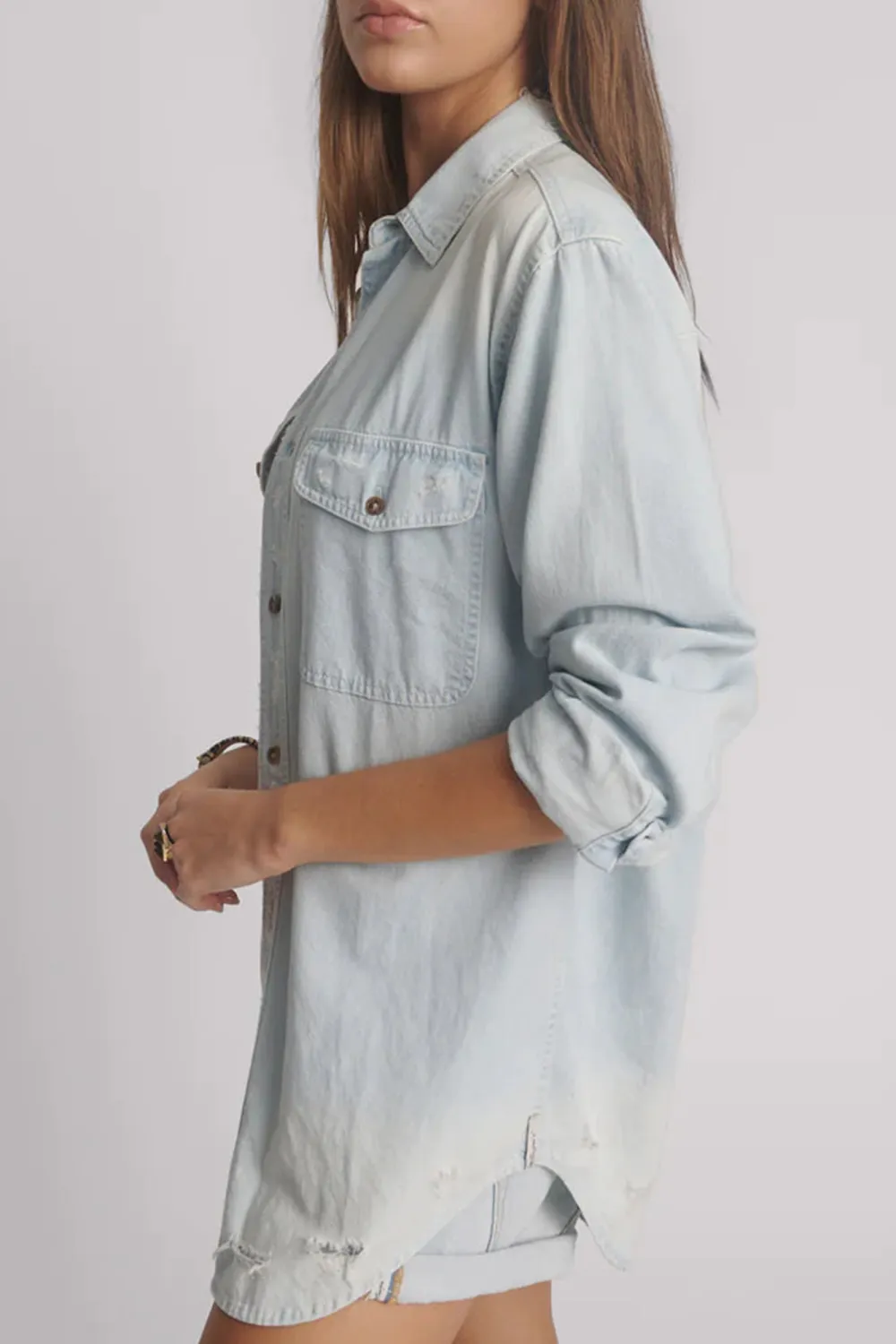Retro Minimalist Lazy Style Light Blue Long-Sleeved Shirt