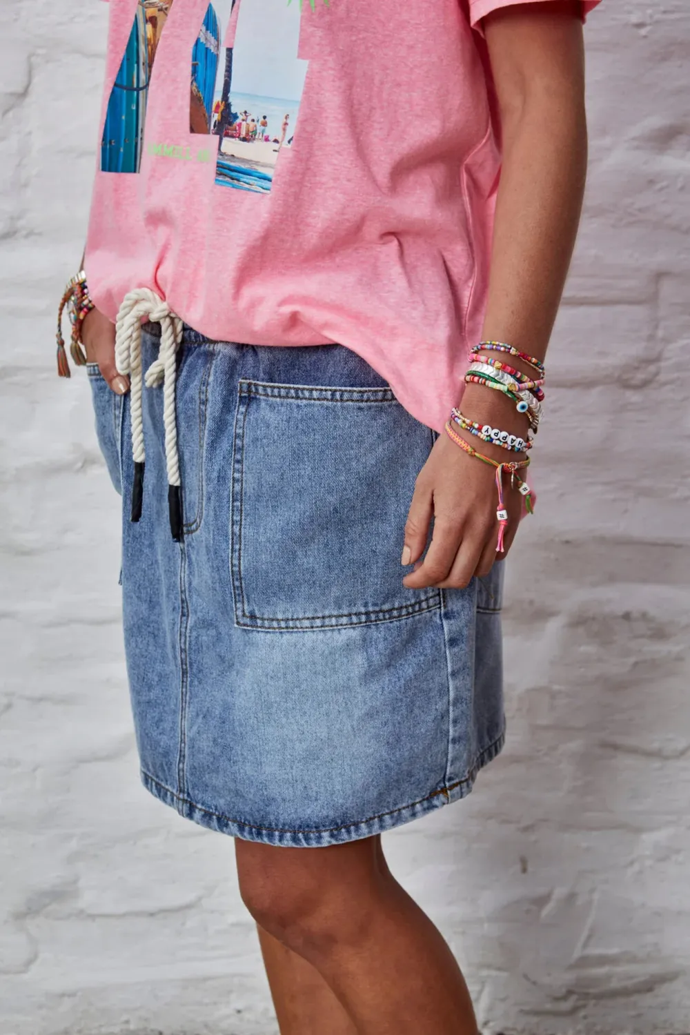 Classic Versatile Blue Drawstring Denim Skirt