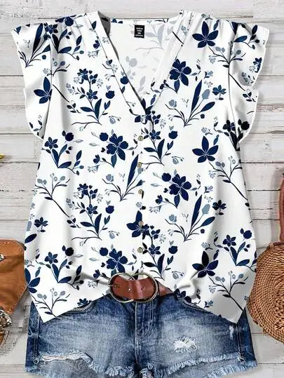 Floral V-Neck Casual Blouse