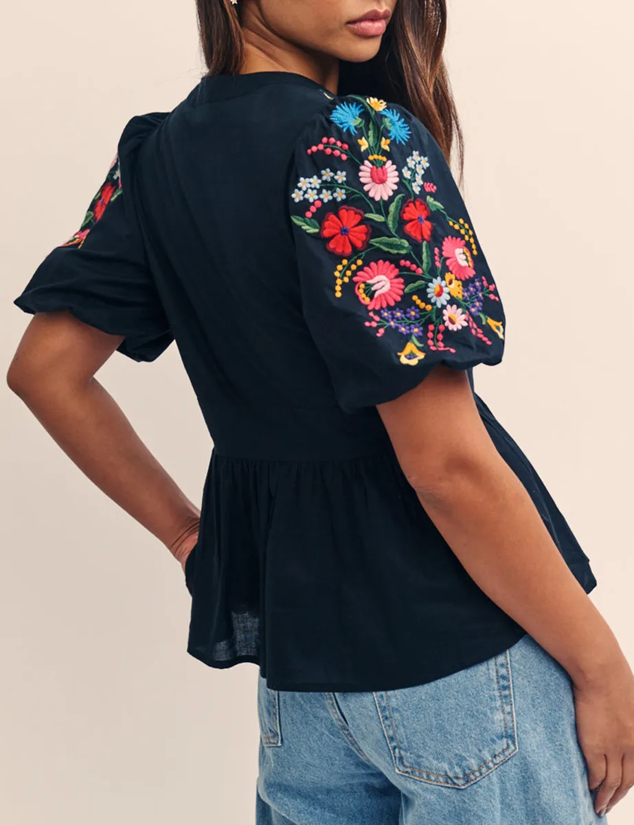 Black Embroidered V-Neck Top