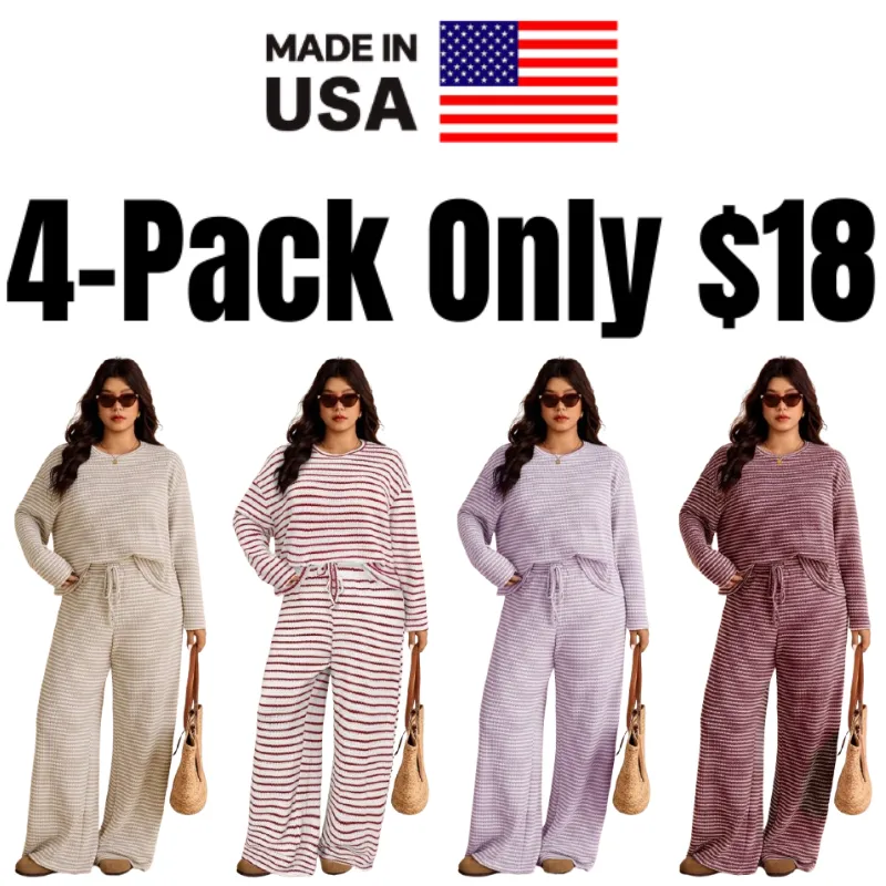 Women's Plus Size Loose Striped Long Sleeve 2pc Set