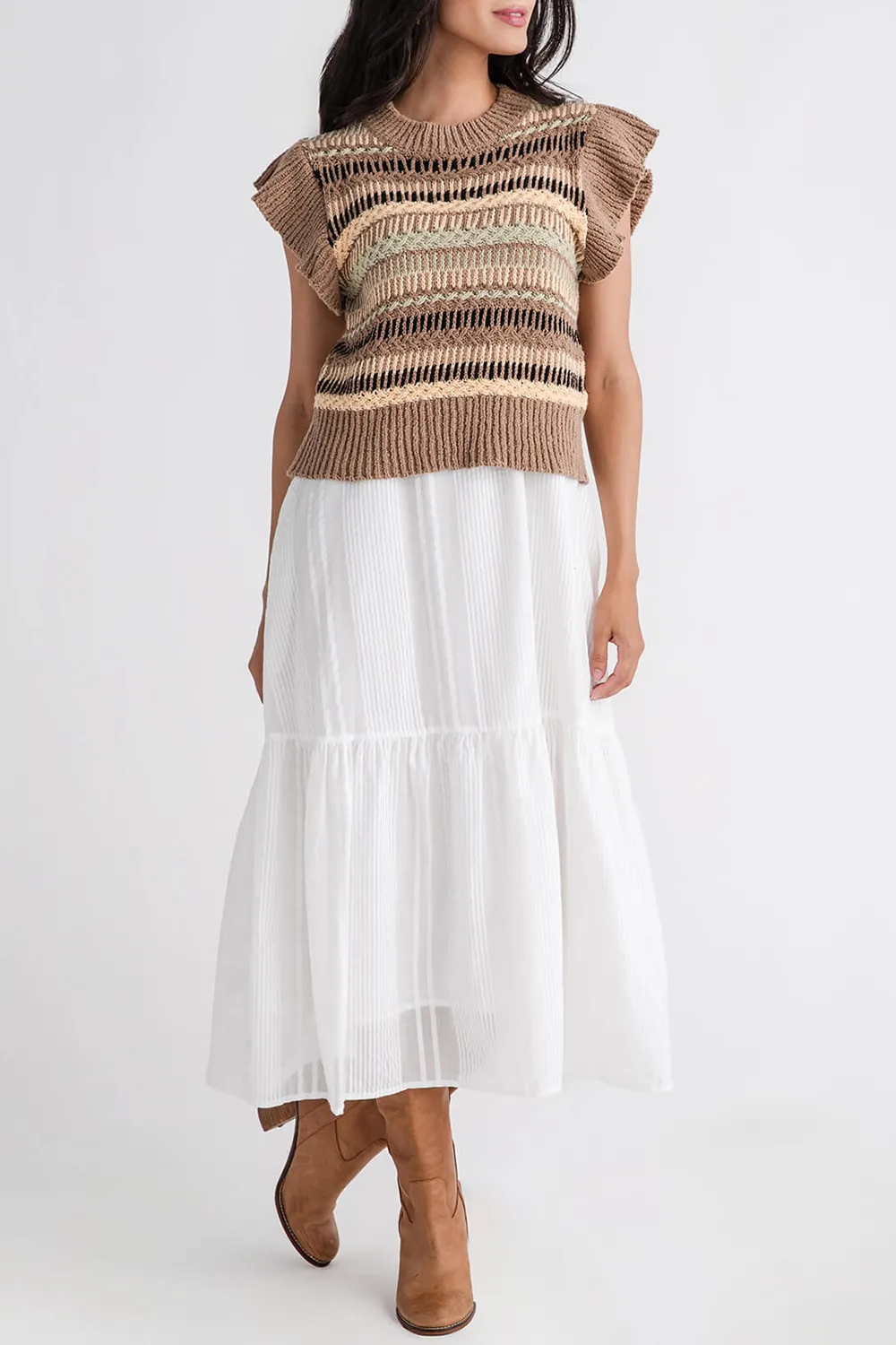 Woven Knit Midi Dress - Brown White Combo