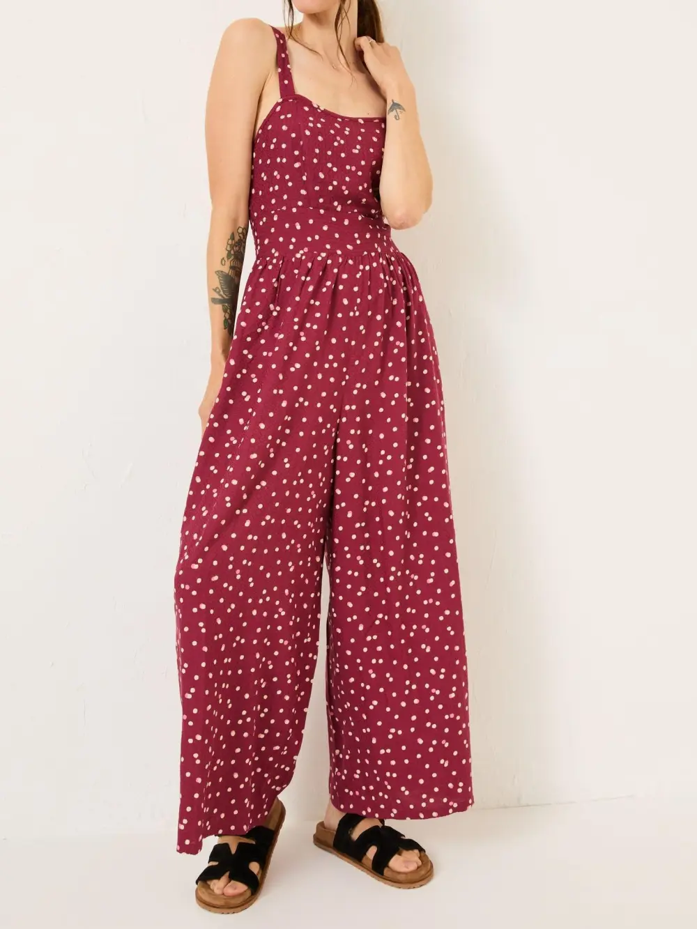 Burgundy Neckline Square Pattern Plain Jumpsuit