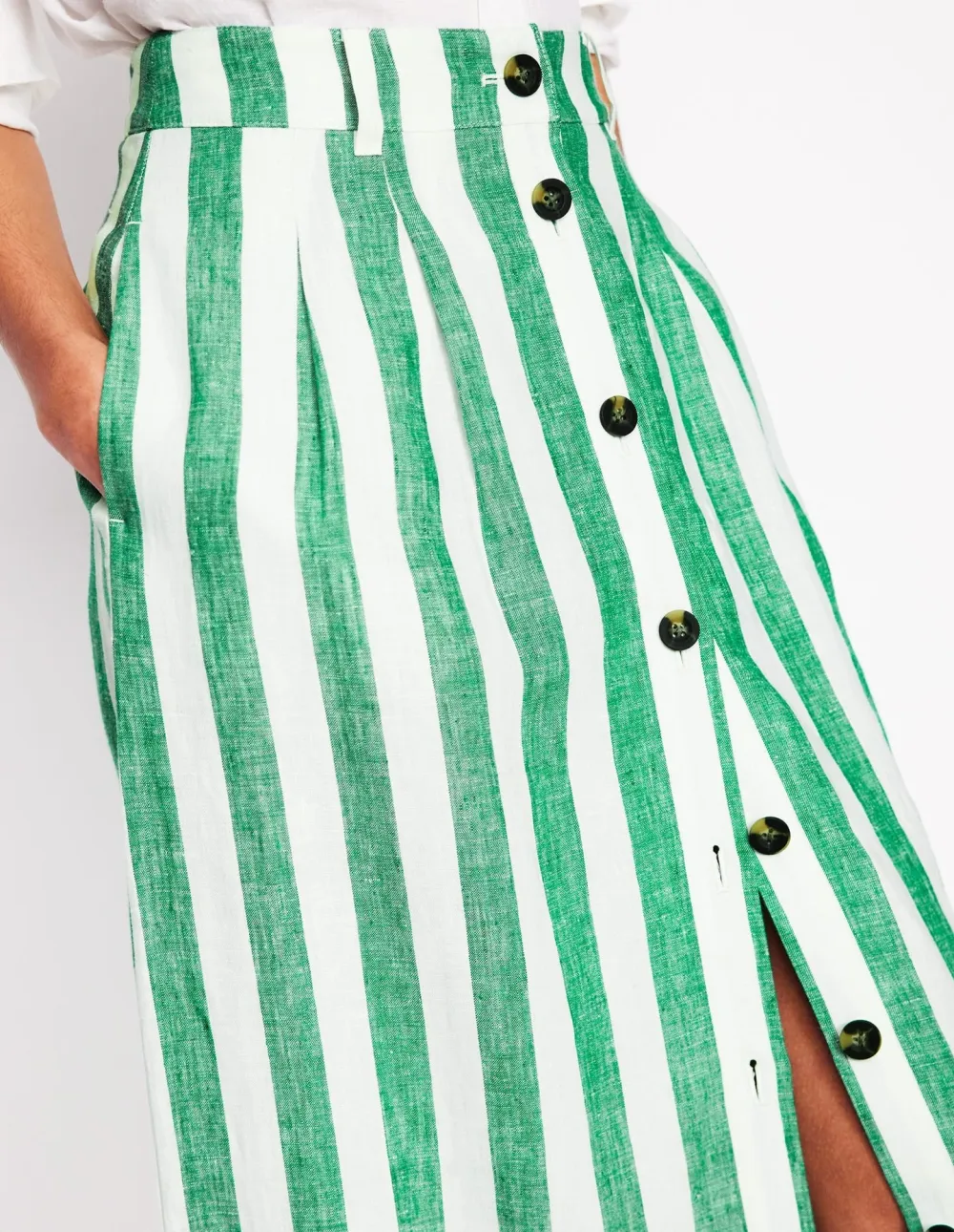 Green and White Striped Thomasina Linen Midi Skirt