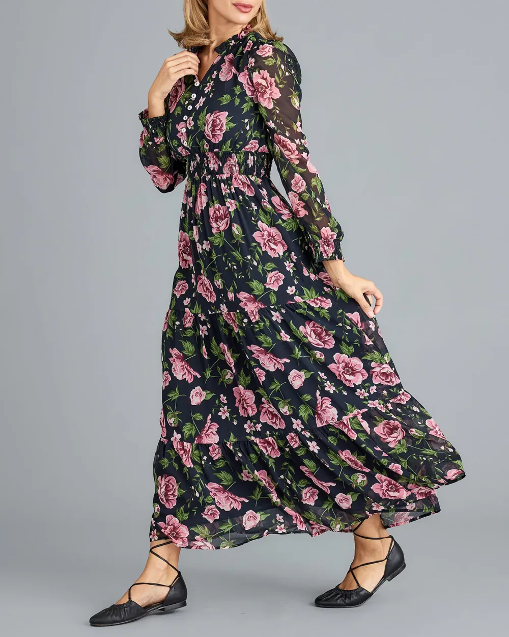 Floral Print Long Sleeved Maxi Dress