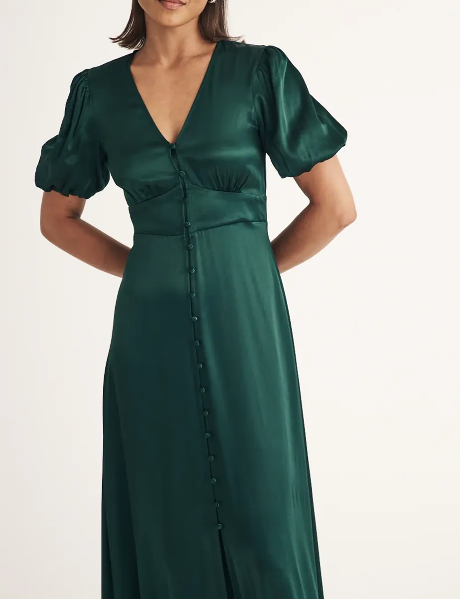 Green V-Neck Short Sleeve Midi Dress