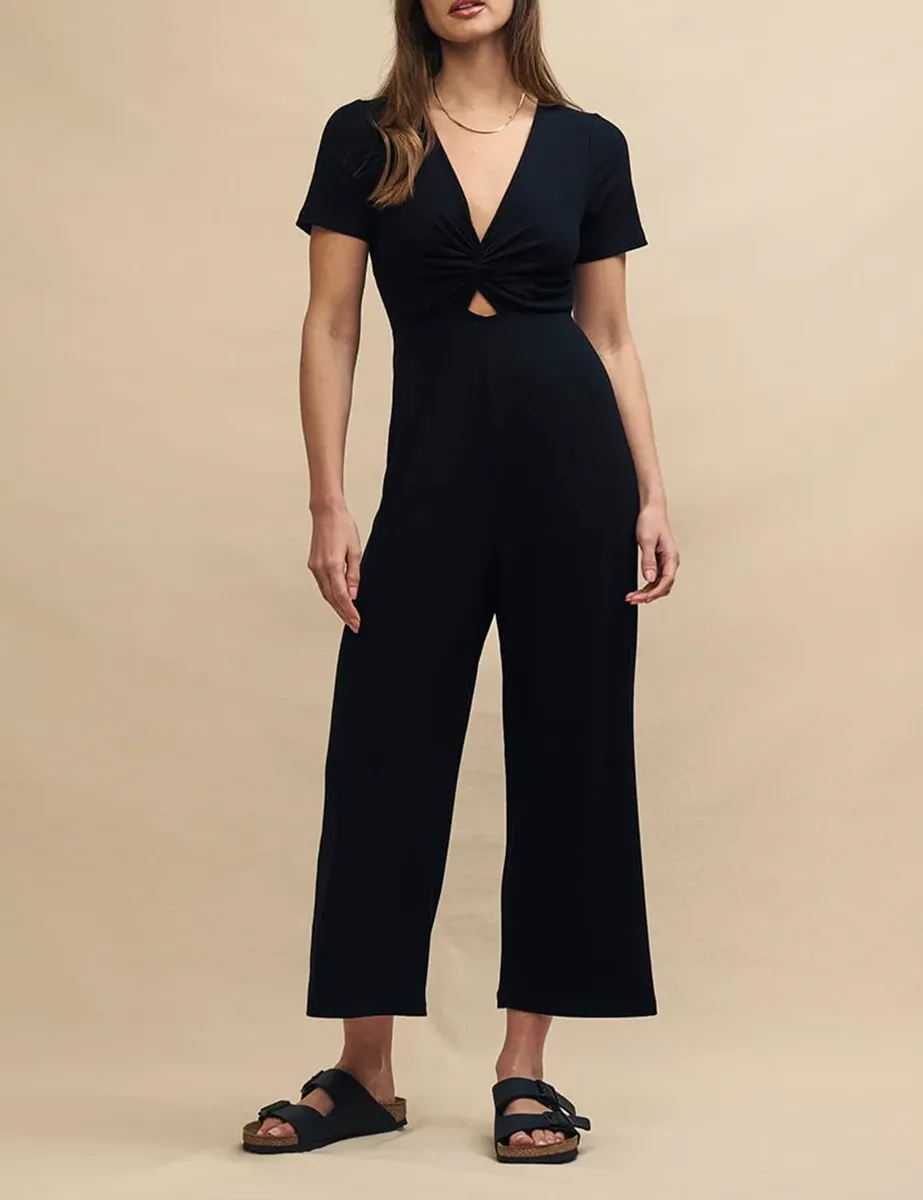 Black Short Sleeve V-Neck Jumpsuit