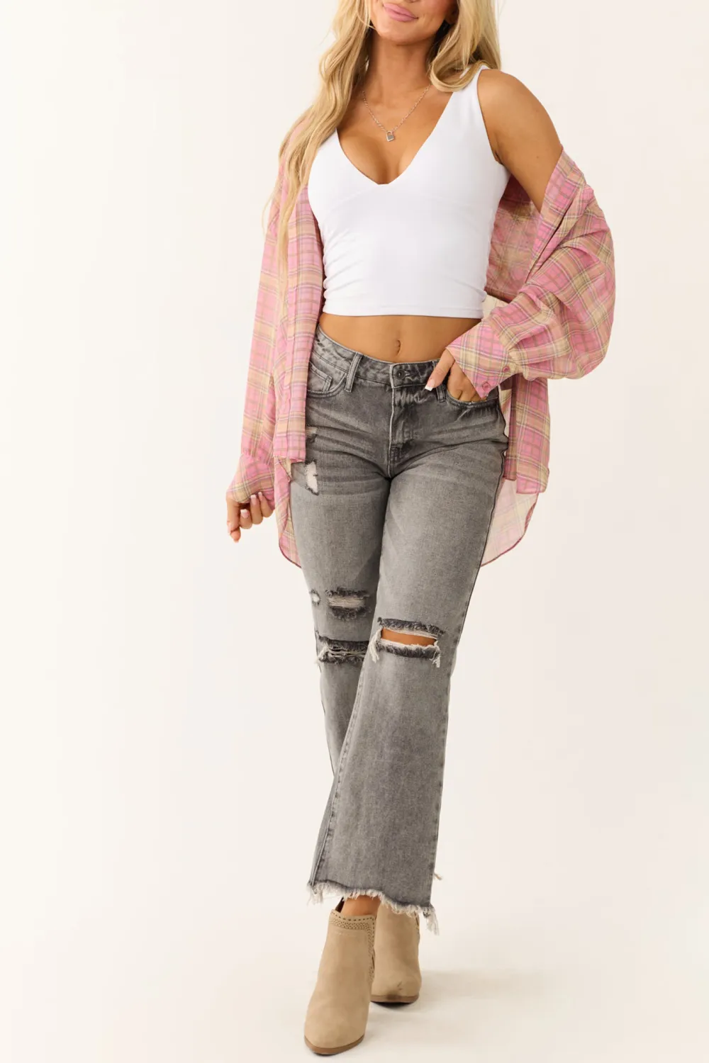 Distressed Steel Gray High Rise Jeans