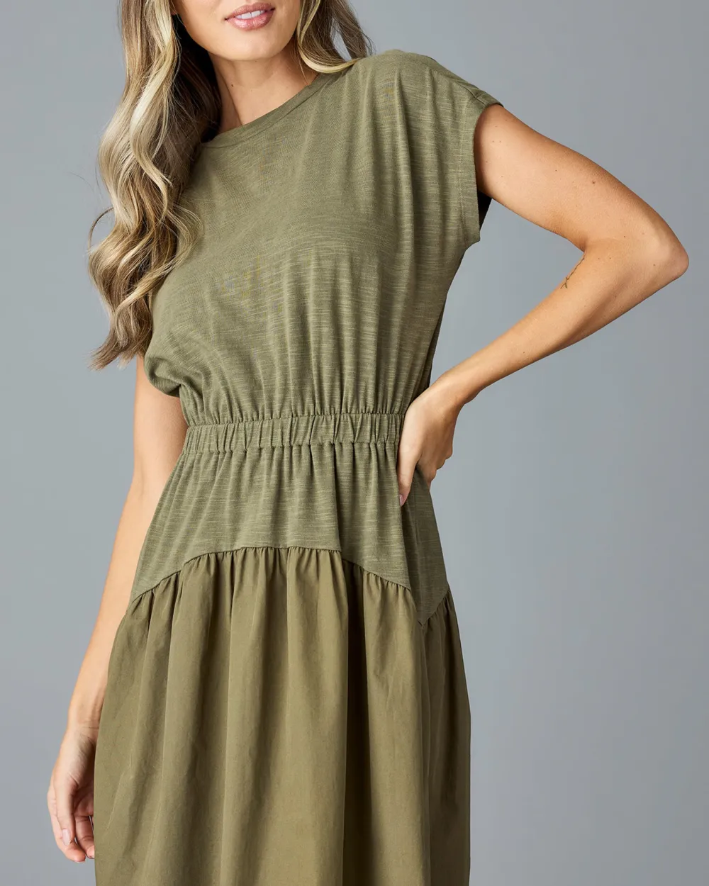 Olive Green Ruched Waist Dress