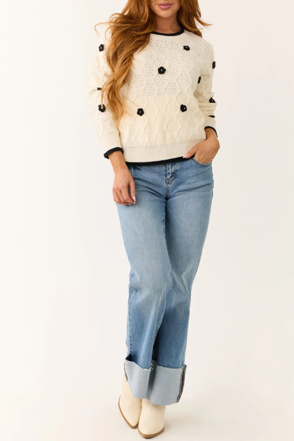 Cream Floral Applique Knit Sweater