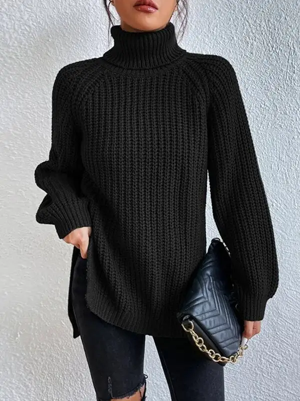 💥HOT SALE📢 Long Sleeves Loose Solid Color Split-Side High Neck Pullovers Sweater