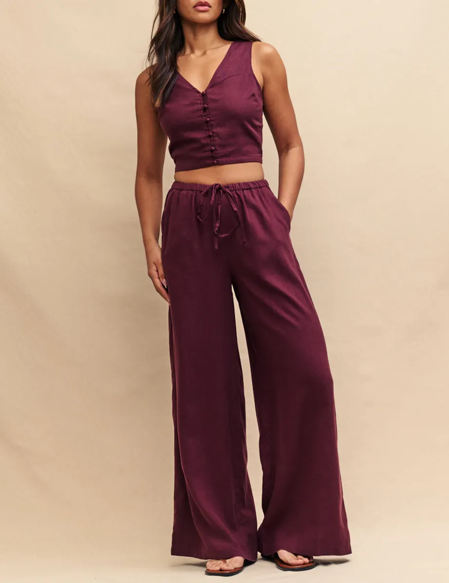 Plum Linen-blend Drawstring Trousers