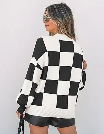 🎁Christmas Gifts🎁Fall Essential Warm Turtleneck Sweater - Plaid Ribbed Knit Loose Long Sleeve Pullover