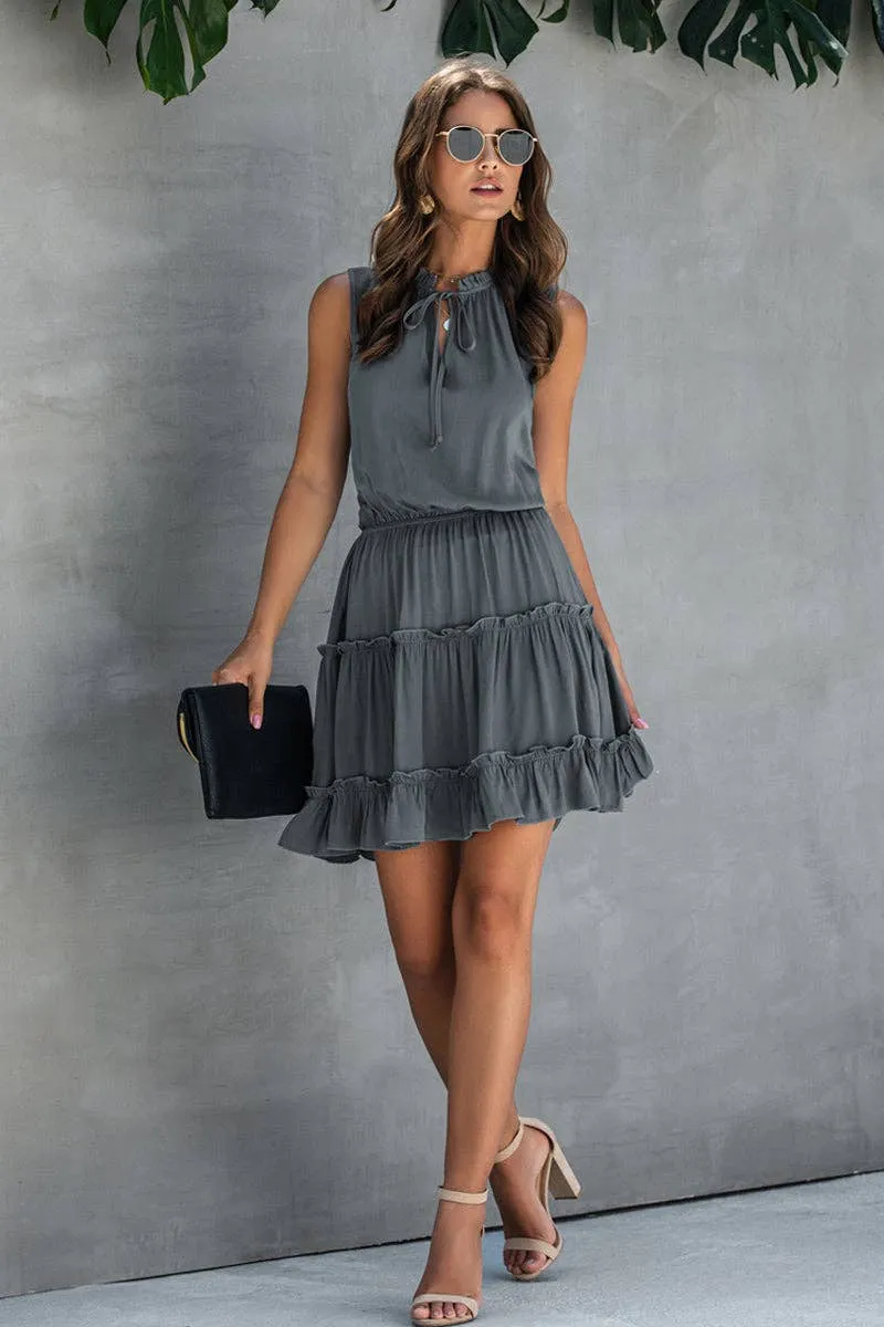 Sleeveless Tie Neck Frill Trim High-Waist Tiered Layer Dress