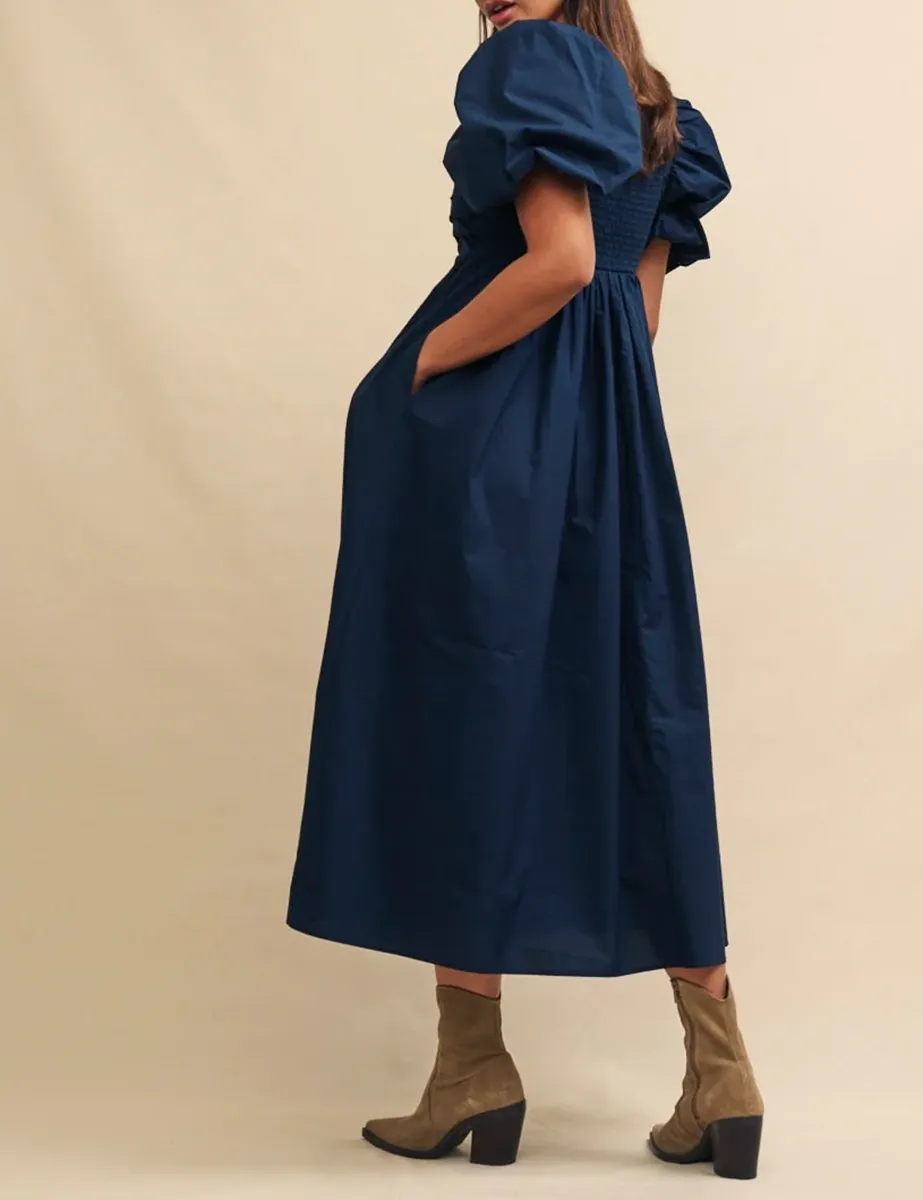 Navy Blue Ruched Bodice Midi Dress
