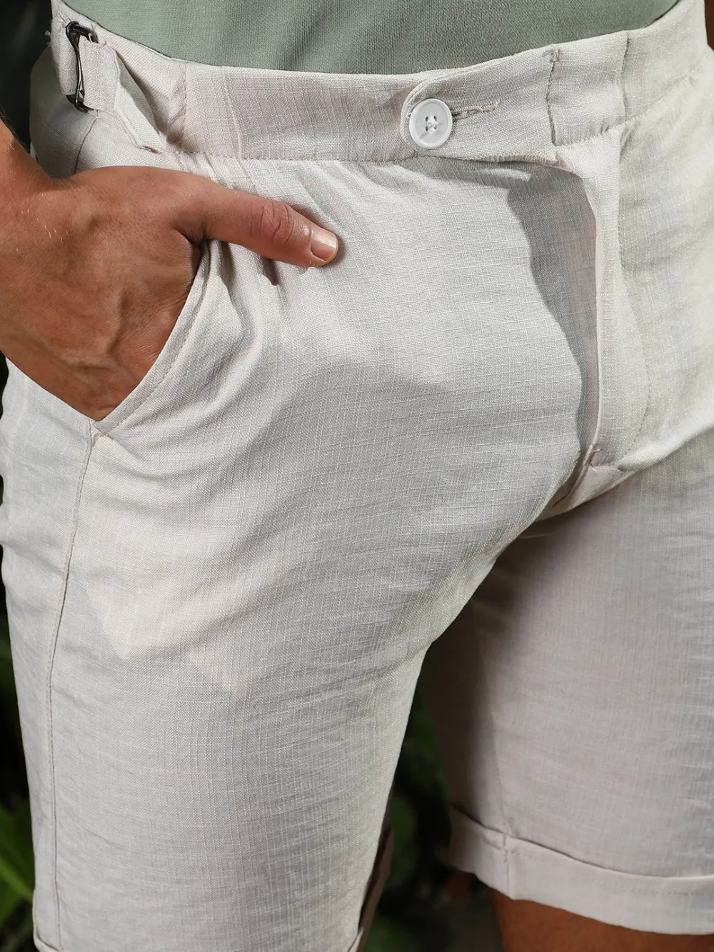 White Casual Style Linen-Blend Shorts