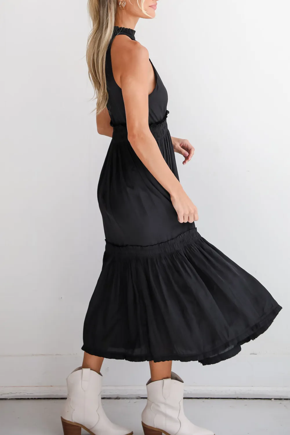 Lovely Intuition Black Satin Midi Dress
